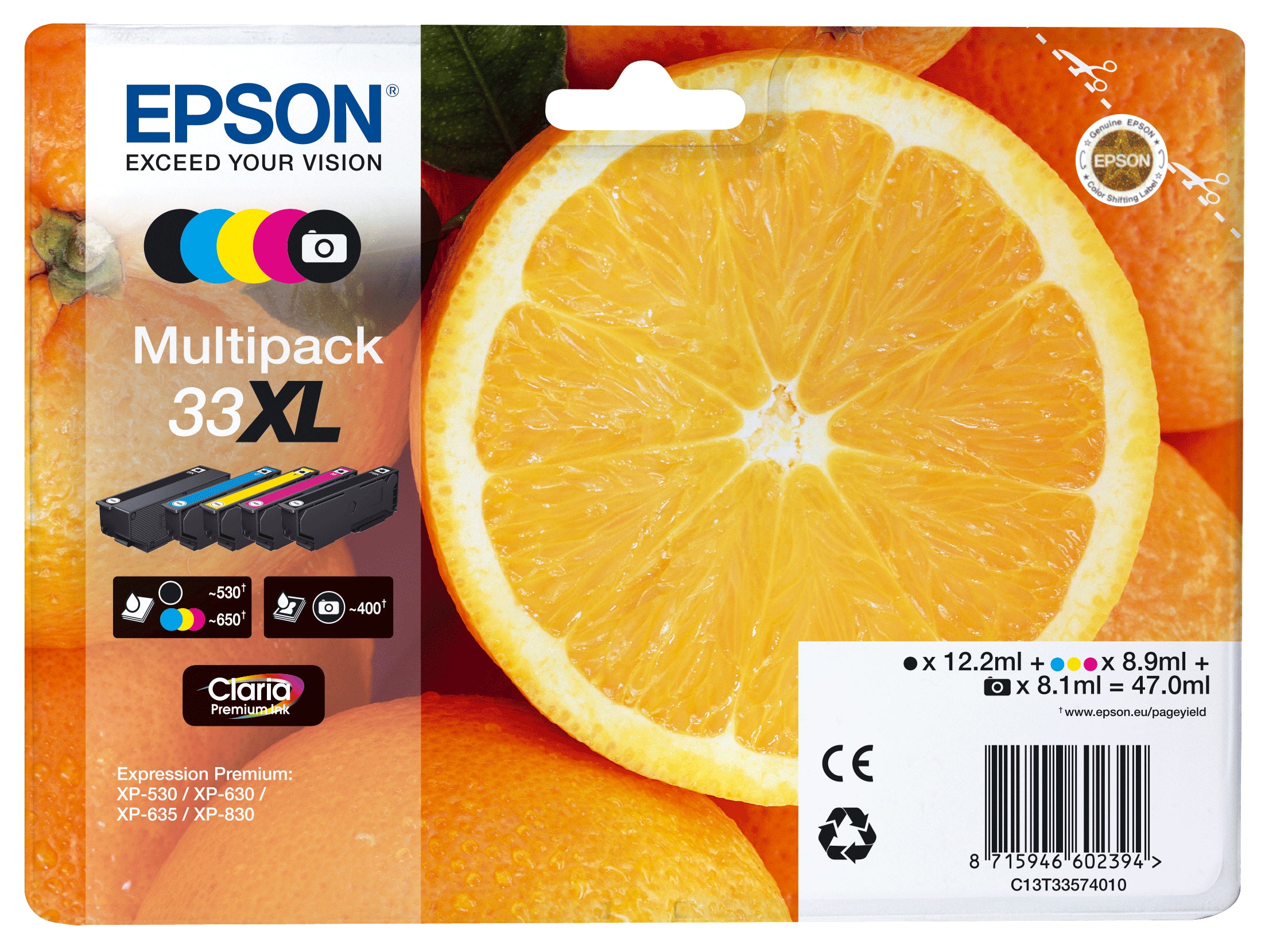 Epson 33XL Multipack - Pack de 5 - 47 ml - XL - noir, jaune, cyan, magenta, photo noire - original - blister - cartouche d'encre - pour Expression Premium XP-530, XP-630, XP-635, XP-640, XP-645, XP-830, XP-900