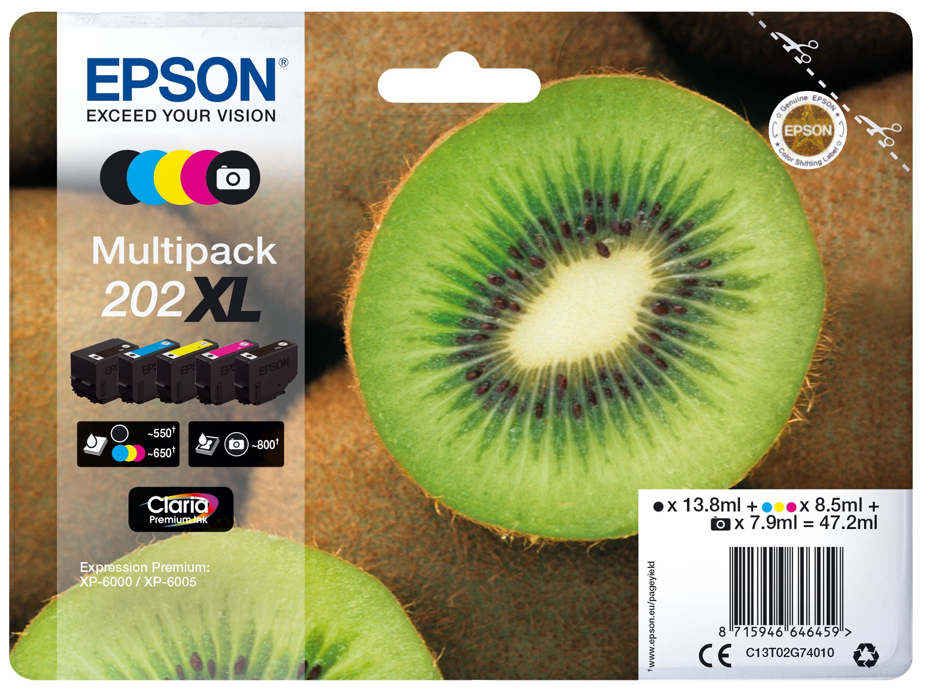 Epson 202XL Multipack - Pack de 5 - 47.2 ml - XL - noir, jaune, cyan, magenta, photo noire - original - emballage coque avec alarme radioélectrique/ acoustique - cartouche d'encre - pour Expression Premium XP-6000, XP-6005