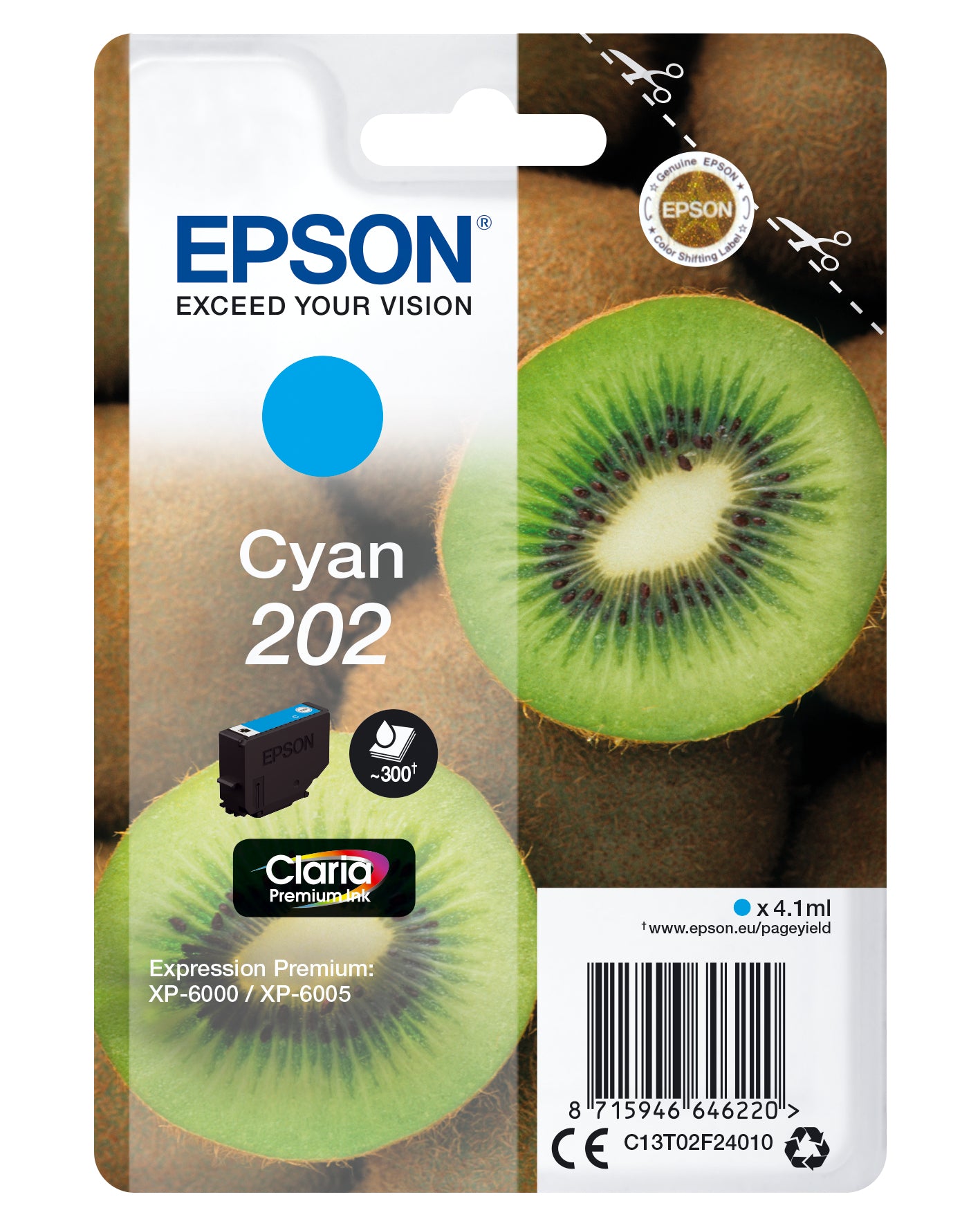 Epson 202 - 4.1 ml - cyan - original - blister - cartouche d'encre - pour Expression Home XP-202, Expression Premium XP-6000, XP-6005, XP-6100, XP-6105