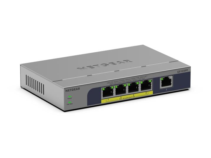 NETGEAR GS105PP - Commutateur - non géré - 1 x 10/100/1000 + 4 x 10/100/1000 (PoE+) - de bureau, fixation murale - PoE+ (83 W)