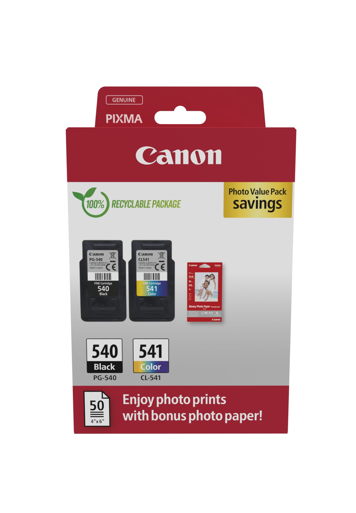 Canon PG-540/CL-541 Photo Paper Value Pack - Pack de 2 - noir, couleur (cyan, magenta, jaune) - original - boîte de suspension - jeu de papier / cartouche d'encre - pour PIXMA MG3250, MG3550, MG3650, MG4250, MX395, MX455, MX475, MX525, MX535, TS5150, TS51