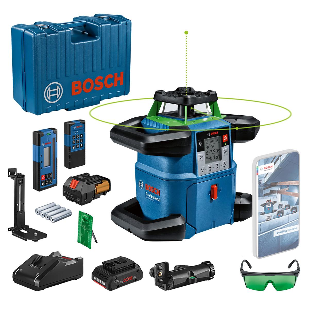 BOSCH LASER OBROTOWY GRL 650 CHVG ZIELONY +ODBIORNIK LR 65 G +PILOT RC 6 +UCHWYT WM 6 1xPC4,0Ah WALIZKA