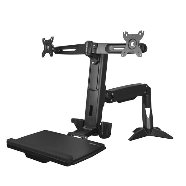 StarTech.com Support de bureau debout pour deux écrans à fixation VESA jusqu'à 24" - Bras articulé pour double moniteur, clavier et souris - Kit de montage (fixation par pince pour bureau, base plate, colonne, plaque passe-câble, tiroir à clavier, base, b