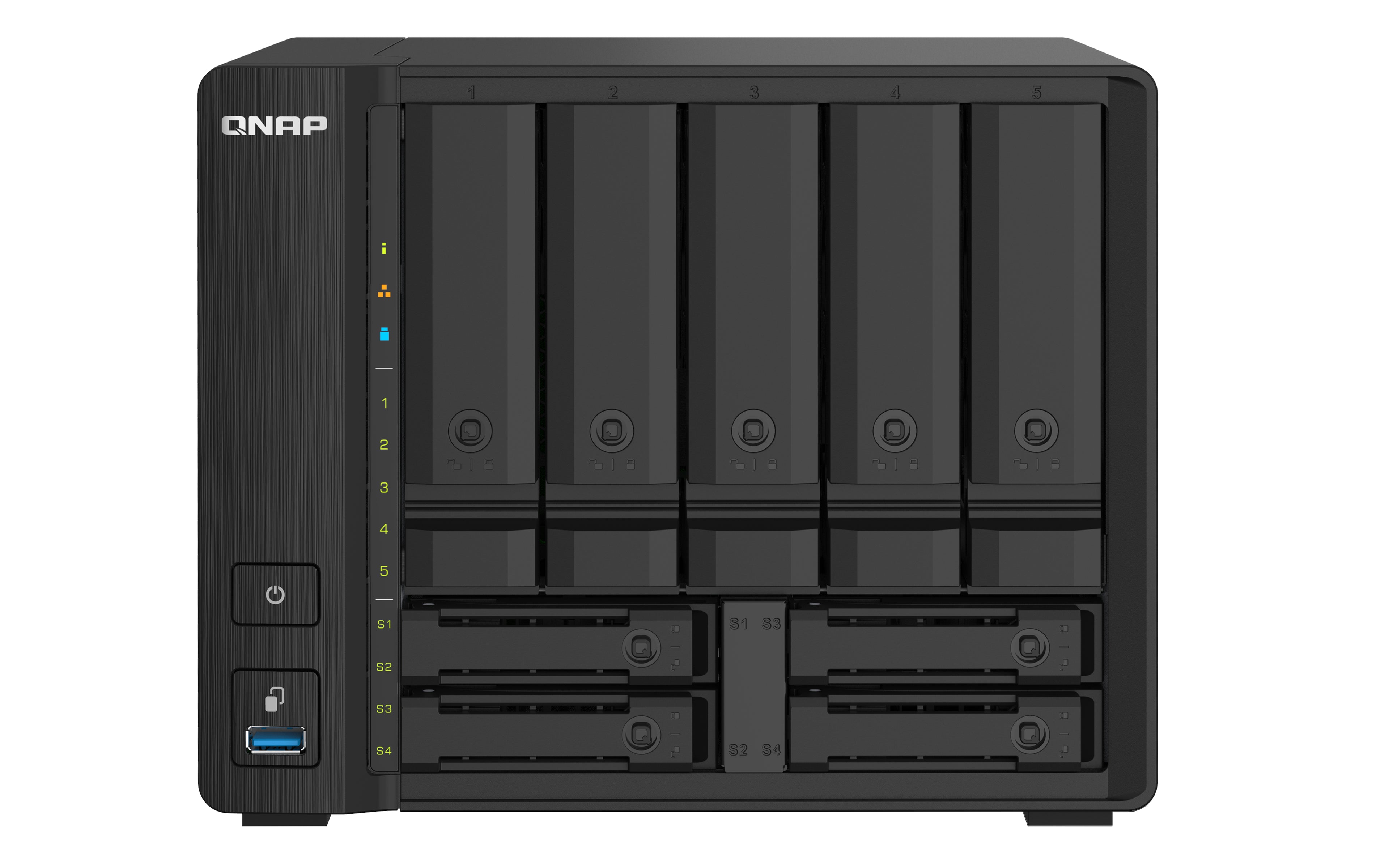 Qnap TS-932X-2G Tower NAS compact à 9 baies avec le 10GbE SFP+ et le 2,5GbE : Alpine AL324 ARM Cortex-A57 - 4Go Ram - 512 Mo Flash - 5 x SATA 6 Gbits/s 3,5" + 4 x 2,5" SSD 2,5 - 120W - Garantie 2 ans.