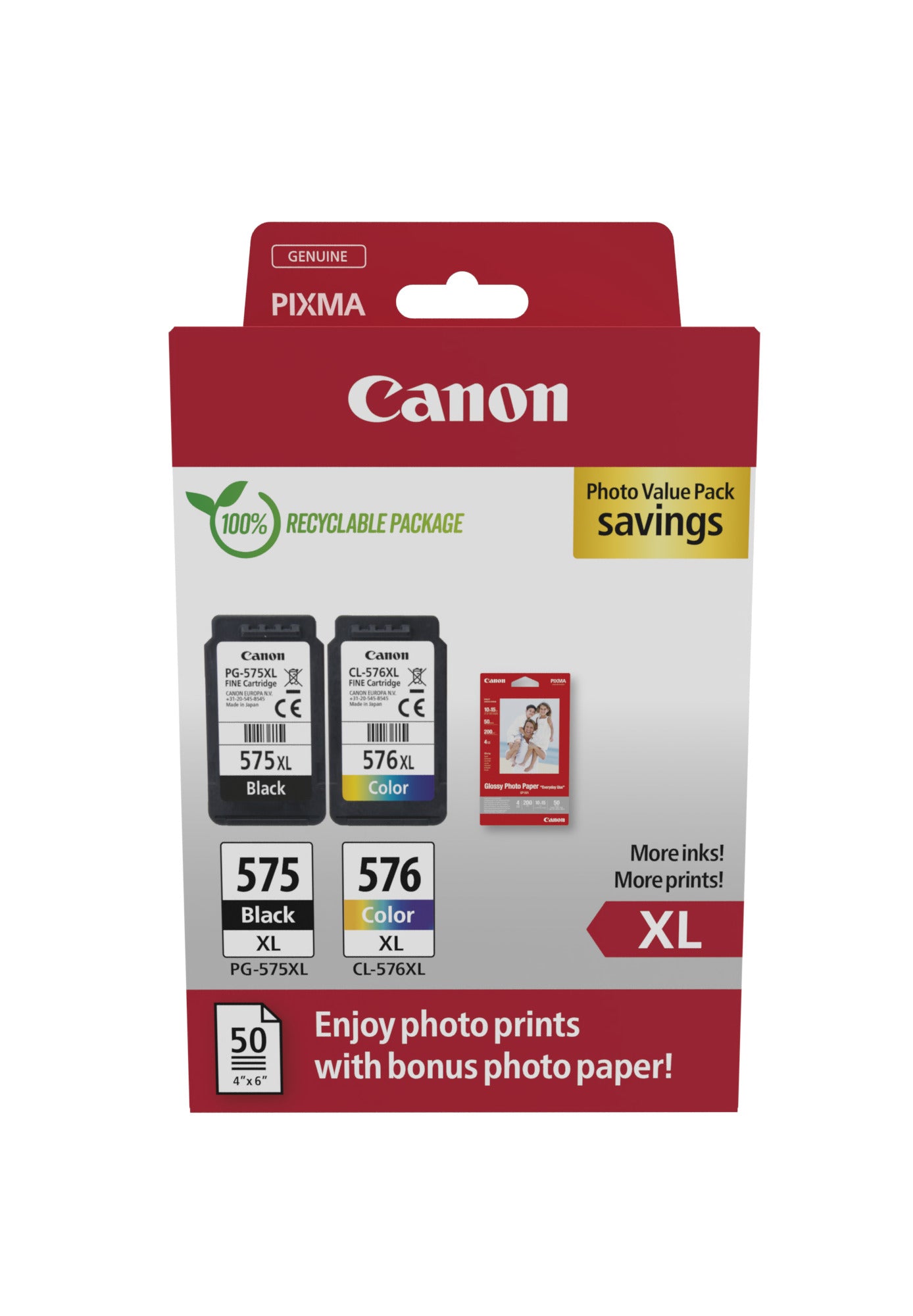 Canon PG-575XL/CL-576XL Photo Paper Value Pack - Pack de 2 - à rendement élevé - noir, couleur (cyan, magenta, jaune) - original - boîte de suspension - jeu de papier / cartouche d'encre - pour PIXMA TR4750i, TR4751i, TR4755i, TS3550i, TS3551i