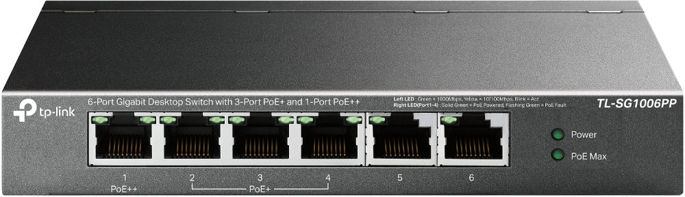 TP-Link TL-SG1006PP V1 - Commutateur - non géré - 1 x 10/100/1000 (PoE++) + 3 x 10/100/1000 (PoE+) + 2 x 10/100/1000 - de bureau - PoE++ (64 W)