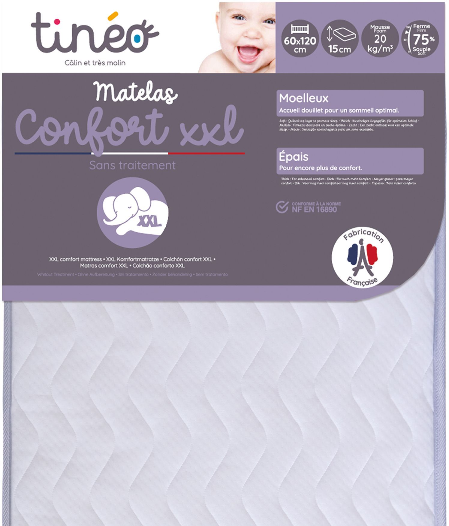 Matelas Bébé Confort XXL TINEO 60x120x15cm - Sans Traitement - Fabriqué En France - Garantie 2 Ans