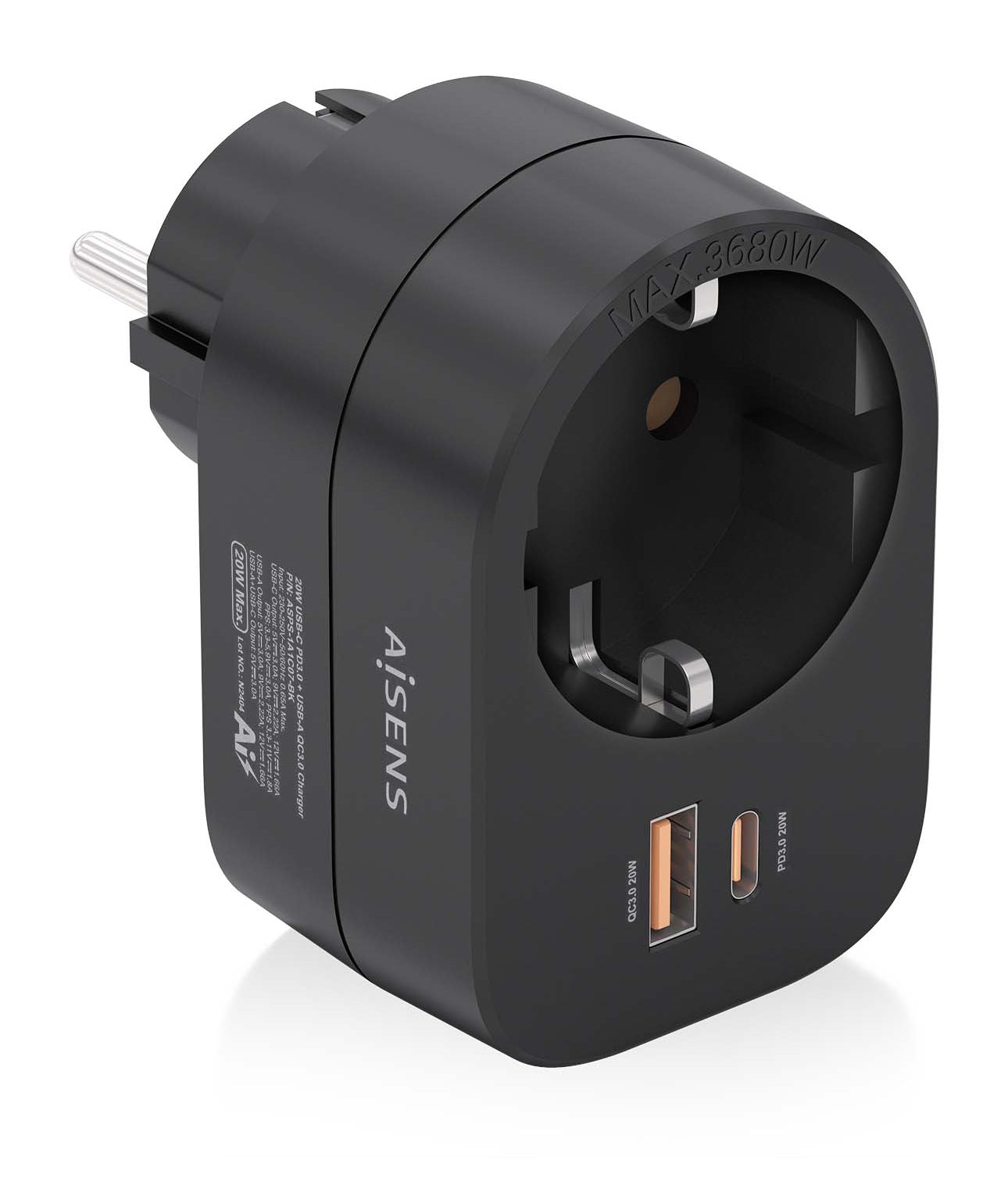 Prise Murale avec 2 Ports USB Aisens ASPS-1A1C07-BK Noir 100-250 V 16 A