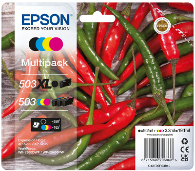 Pack 4 Cartouches d'encre Epson Piments 503/503XL (Noir XL + Couleurs)