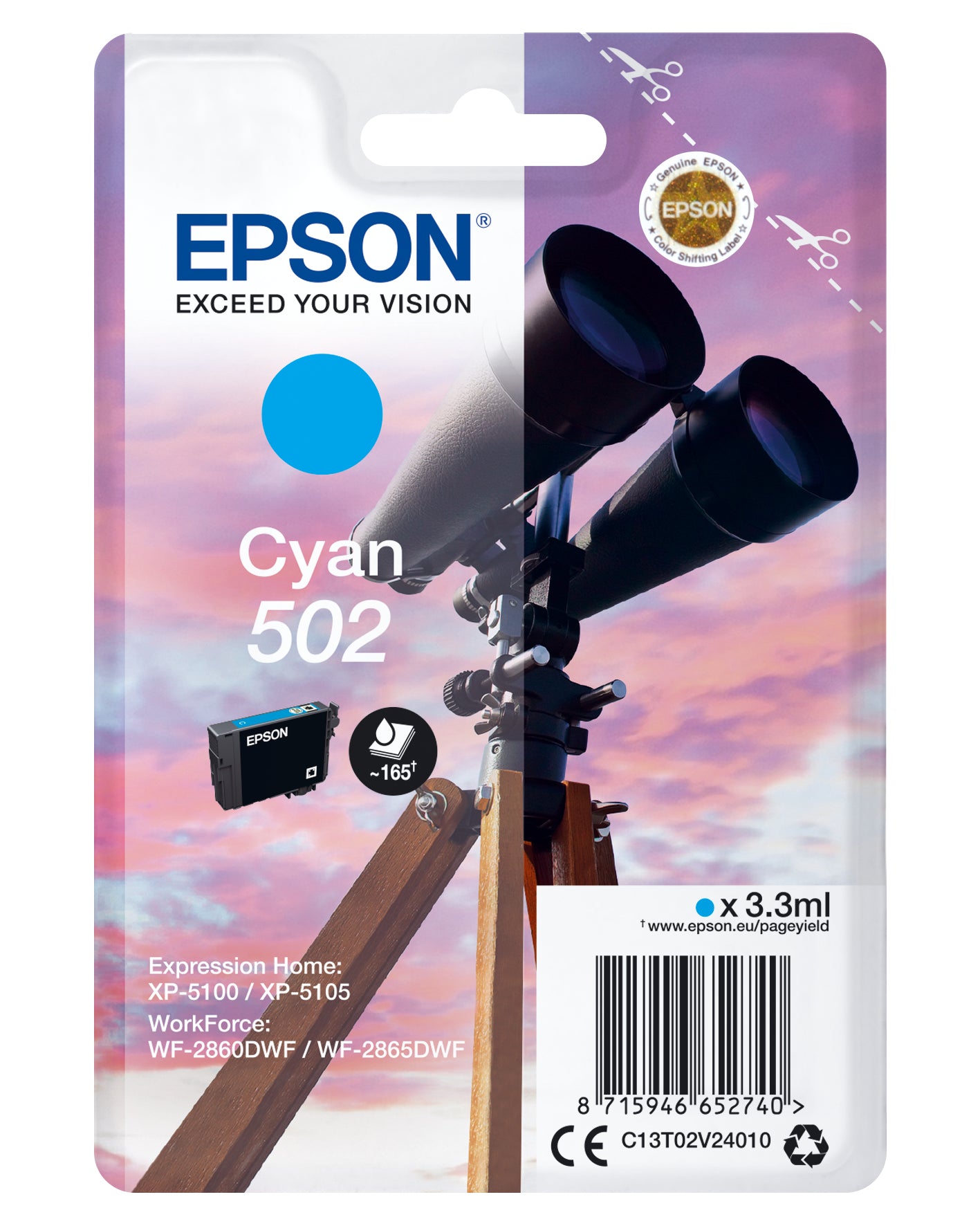 Epson 502 - 3.3 ml - cyan - original - blister - cartouche d'encre - pour Expression Home XP-5100, 5105, 5150, 5155, WorkForce WF-2860, 2865, 2880, 2885