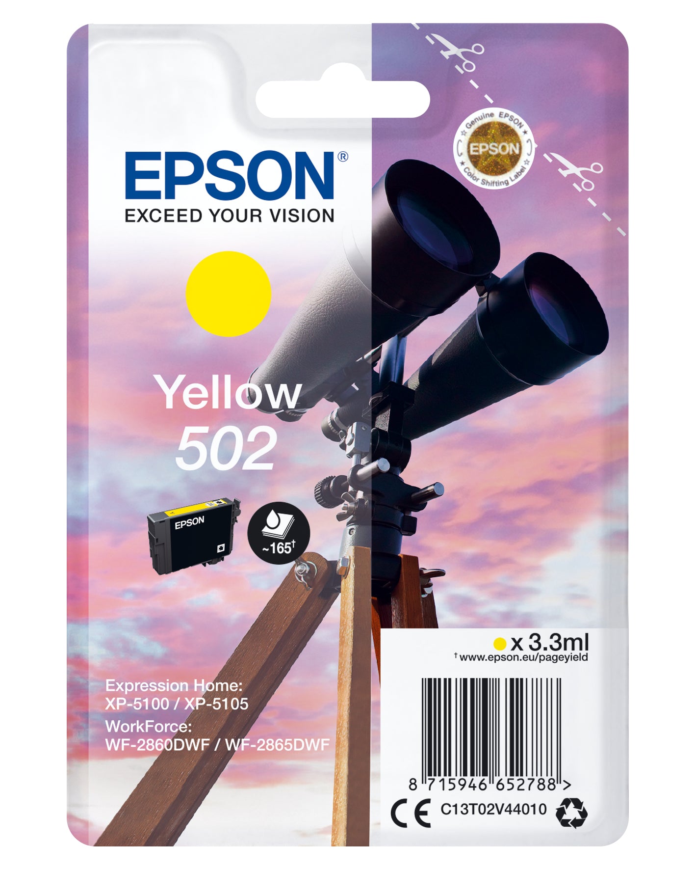 Epson 502 - 3.3 ml - jaune - original - blister - cartouche d'encre - pour Expression Home XP-5100, 5105, 5150, 5155, WorkForce WF-2860, 2865, 2880, 2885