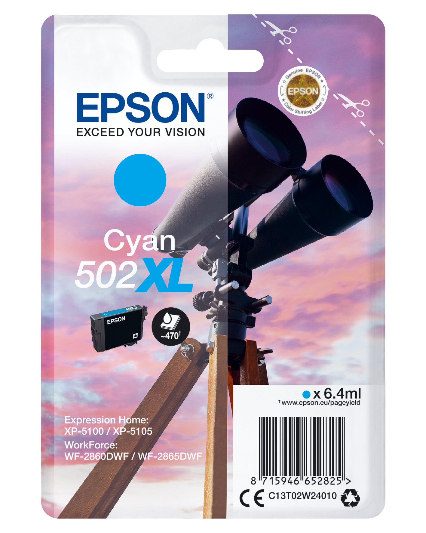 Epson 502XL - 6.4 ml - haute capacité - cyan - original - blister - cartouche d'encre - pour Expression Home XP-5100, 5105, 5150, 5155, WorkForce WF-2860, 2865, 2880, 2885