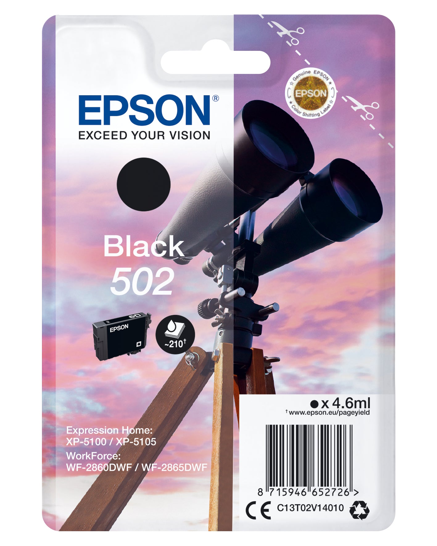 Epson 502 - 4.6 ml - noir - original - emballage coque avec alarme radioélectrique/ acoustique - cartouche d'encre - pour Expression Home XP-5100, XP-5150, WorkForce WF-2860, WF-2865DWF, WF-2880DWF, WF-2885DWF