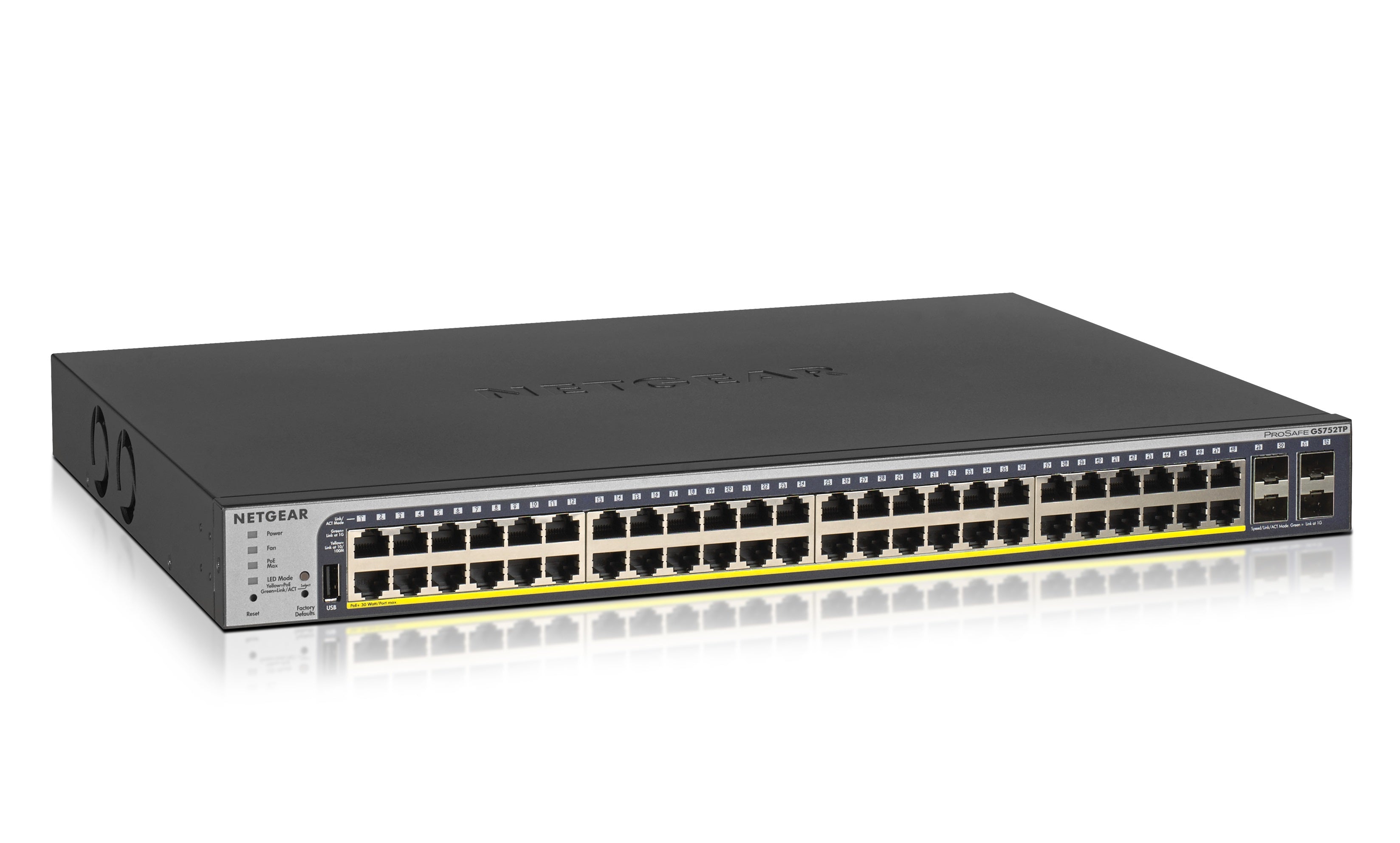 NETGEAR Smart GS752TP - Commutateur - L3 Lite - intelligent - 8 x 10/100/1000 (PoE+) + 40 x 10/100/1000 (PoE) + 4 x SFP - de bureau, Montable sur rack - PoE+ (384 W)