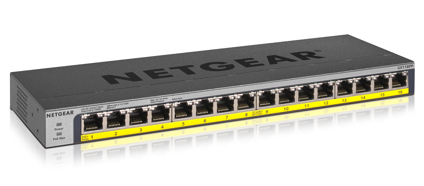 NETGEAR GS116PP - Commutateur - non géré - 16 x 10/100/1000 (PoE+) - de bureau, Montable sur rack, fixation murale - PoE+ (183 W) - Tension CC