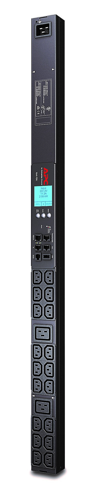Bandeau de prise (PDU) mesuré APC 16 Ampères charge jusqu'à 3.7Kwh. Surveillance à distance des charges connectées. Installation vertical composé de 18 prises C13 et 2 prises C19