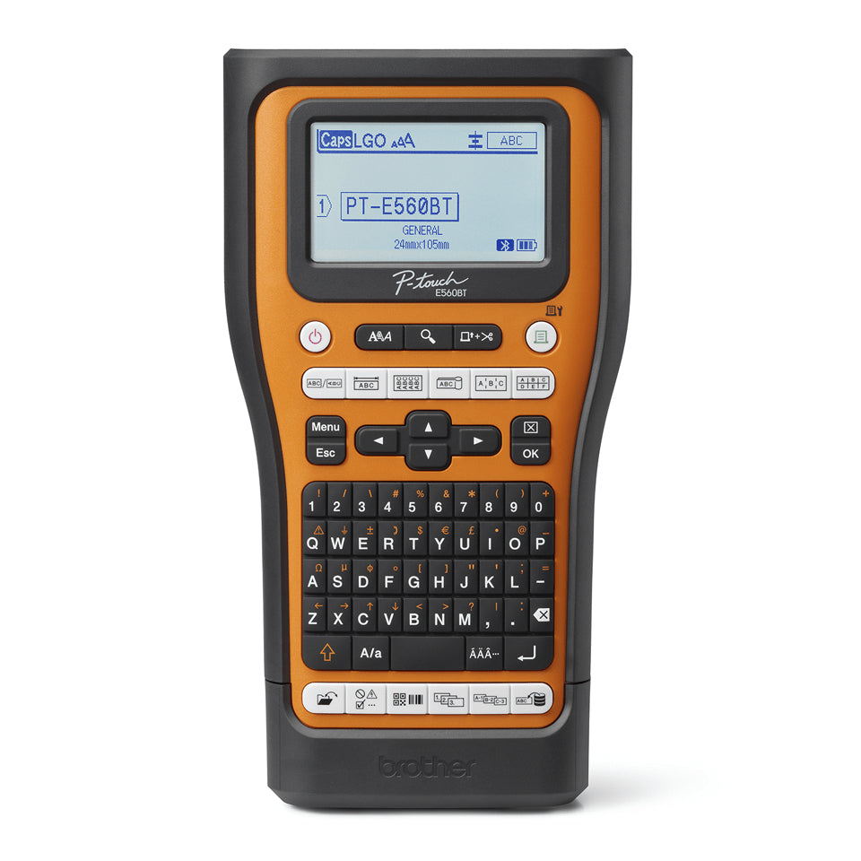 Brother P-Touch PT-E560BTSP - Étiqueteuse - Noir et blanc - transfert thermique - Rouleau (2,4 cm) - 180 dpi - jusqu'à 30 mm/sec - USB 3.0, Bluetooth 5.0 - outil de coupe - Fonction de coupe pleine & moitié, impression miroir - noir et orange