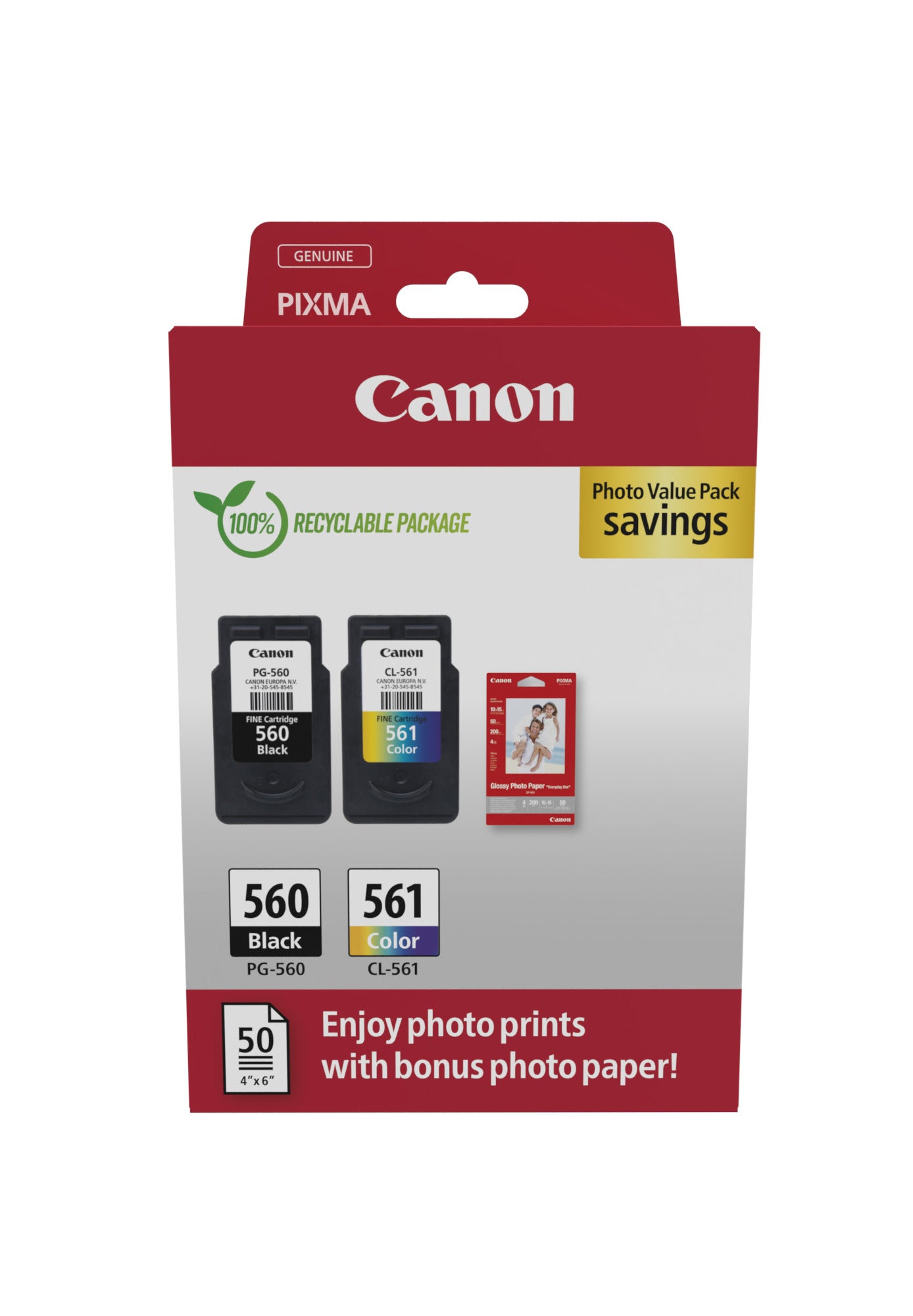 Canon PG-560/CL-561 Photo Value Pack - Brillant - pack de 2 - noir, couleur (cyan, magenta, jaune) - original - boîte de suspension - jeu de papier / cartouche d'encre - pour PIXMA TS5350, TS5350a, TS5350i, TS5351, TS5351a