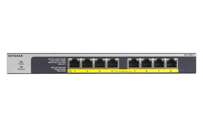 NETGEAR GS108LP - Commutateur - 8 x 10/100/1000 (PoE+) - de bureau, Montable sur rack, fixation murale - PoE+ (60 W) - Tension CC