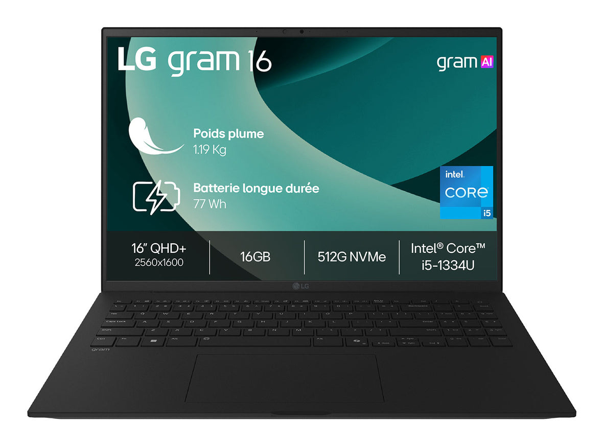 LG gram 16Z90RU-G.AP55F - Intel Core i5 - i5-1334U / jusqu'à 4.6 GHz - Win 11 Pro - Carte graphique Intel Iris Xe - 16 Go RAM - 512 Go SSD NVM Express (NVMe) Gen 4 - 16" IPS 2560 x 1600 (WQXGA) - Wi-Fi 6E - Noir vitreux - clavier : Français