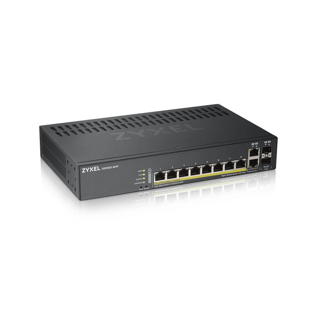 Zyxel GS1920-8HPV2 - Switch Smart Administrable 8 ports Gbps RJ45 PoE+ - 2 ports Gbps combo (RJ45/SFP) - budget PoE 130 W - fanless - compatible NebulaFlex
