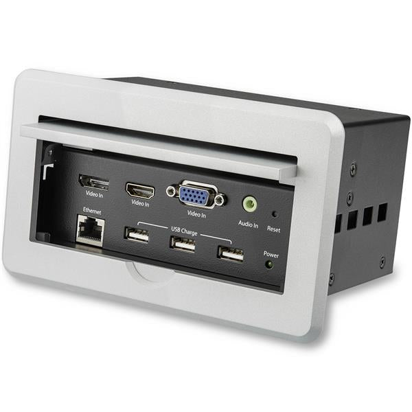 StarTech.com Boîtier de connexion pour table de réunion avec entrées DisplayPort, HDMI et VGA (BOX4HDECP2) - Support de fixation - HDMI, HD-15, fiche mini-phone Stéréo 3,5 mm, RJ-45, USB Type A, DisplayPort - argent