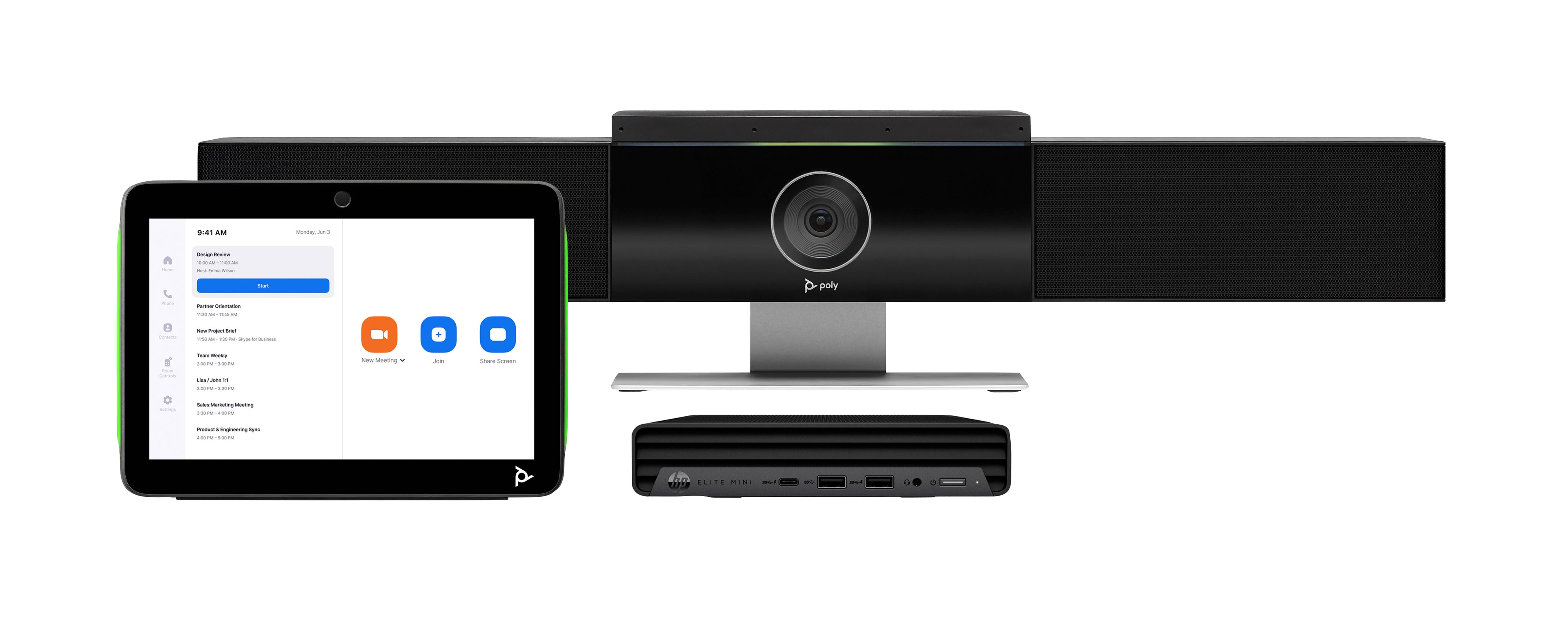 Pour Zoom Rooms - kit de vidéo-conférence (barre vidéo USB Poly Studio, contrôleur tactile Poly TC10, Mini PC de conférence HP) - certifié Zoom - noir - Replaces Poly SKU 7230-88150-101