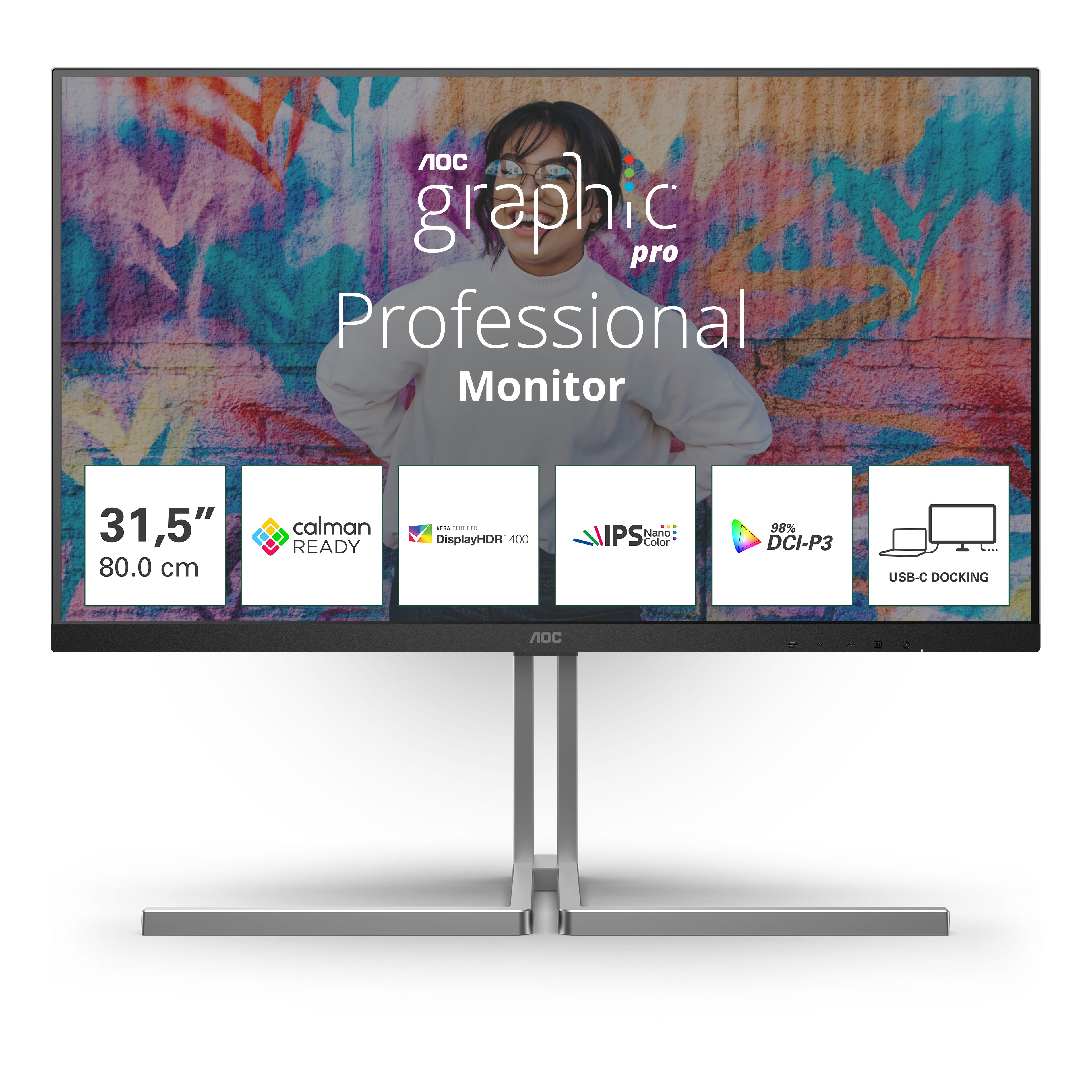 AOC U32U3CV - Graphic Pro Series - écran LED - 32" (31.5" visualisable) - 3840 x 2160 4K @ 60 Hz - Nano IPS - 400 cd/m² - 1000:1 - DisplayHDR 400 - 4 ms - 2xHDMI, DisplayPort, 2xUSB-C - haut-parleurs - noir