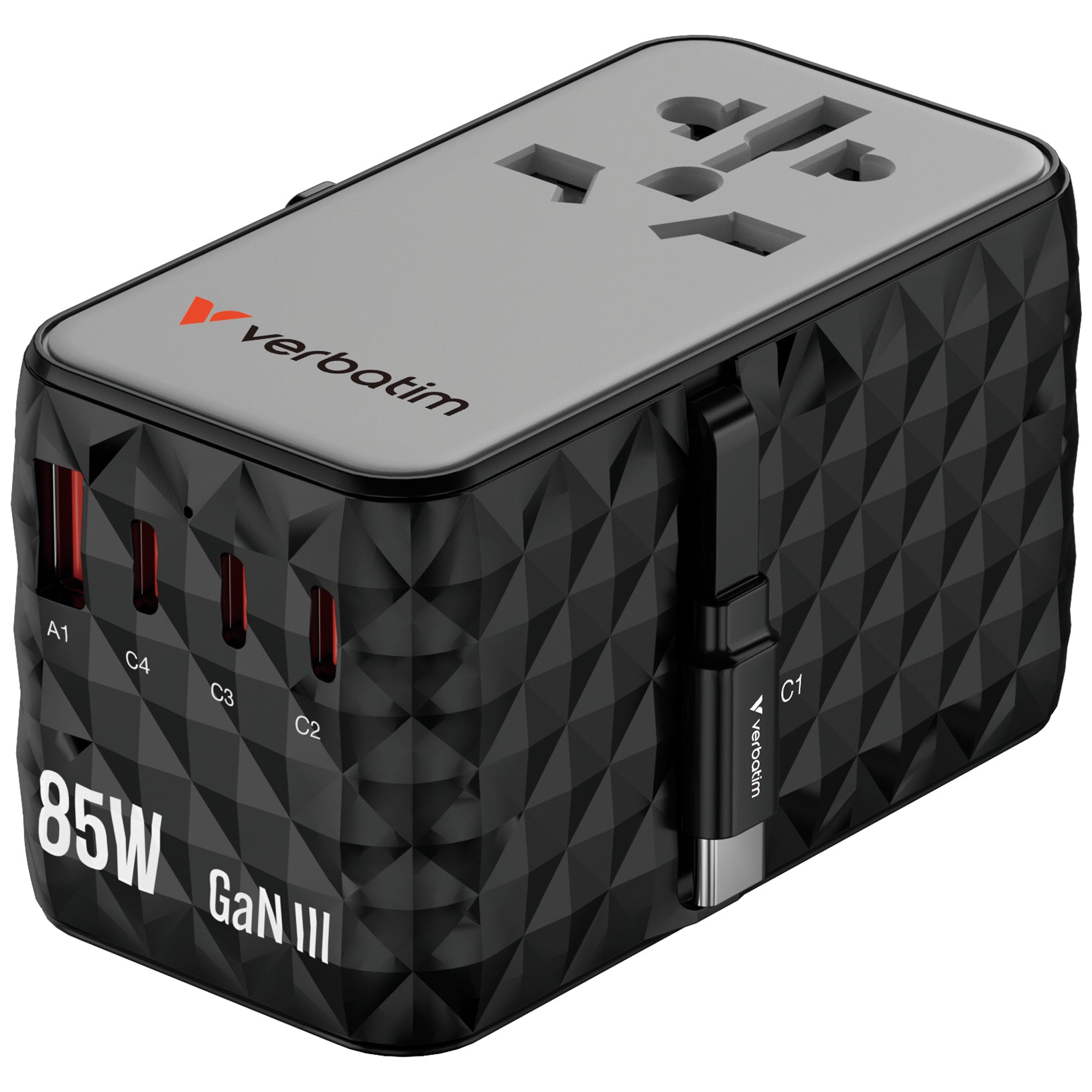 Verbatim Charge 'n' Travel - Adaptateur secteur - GaN III, universel - 85 Watt - 10 A - Power Delivery 3.0 + PPS, QC 4.0, Power Delivery 3.1, QC 4.0+ - 4 connecteurs de sortie (24 pin USB-C, USB)