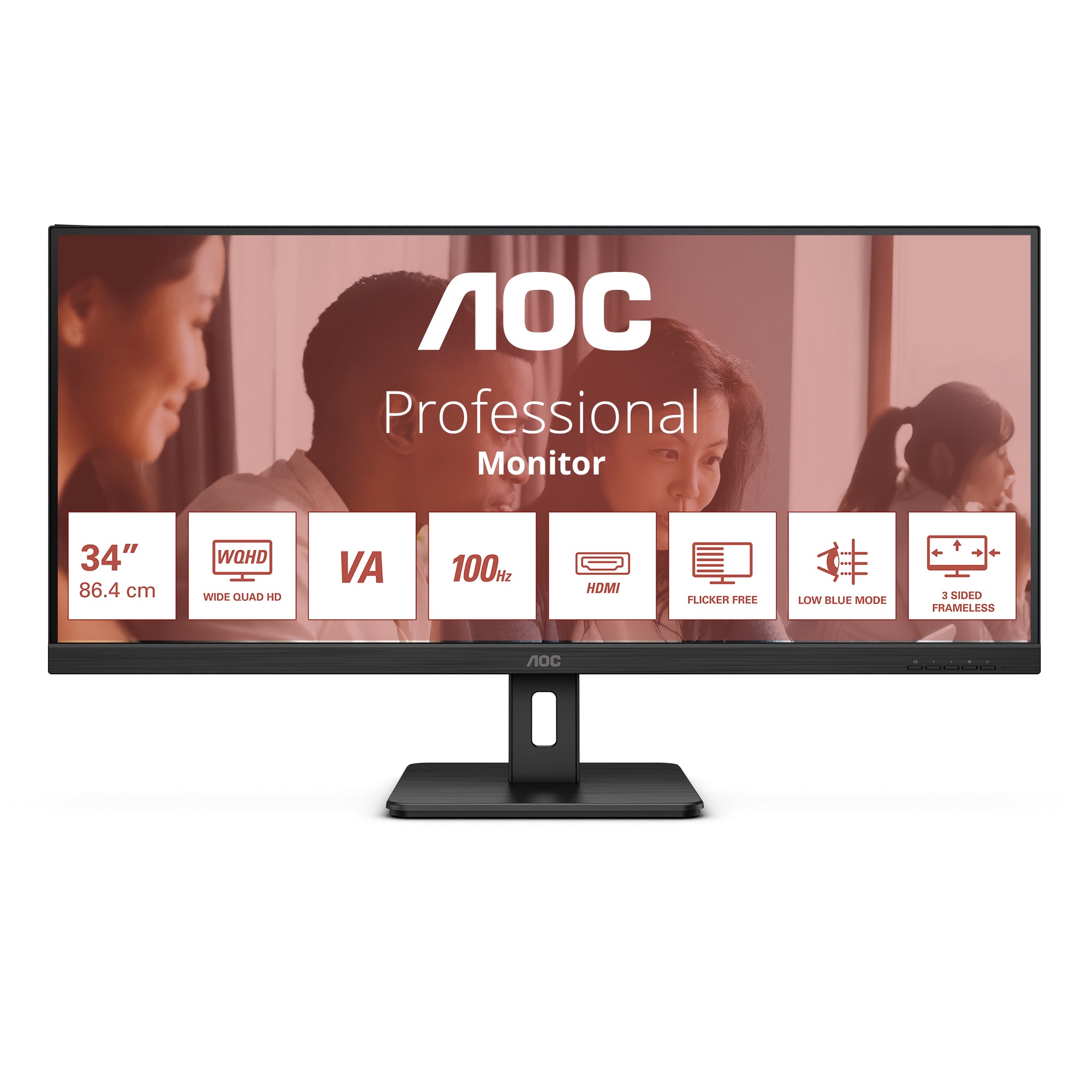 AOC Essential-line U34E2M/BK - Écran LED - 34" - 3440 x 1440 WQHD @ 100 Hz - VA - 300 cd/m² - 4000:1 - 4 ms - 2xHDMI, DisplayPort - noir mat