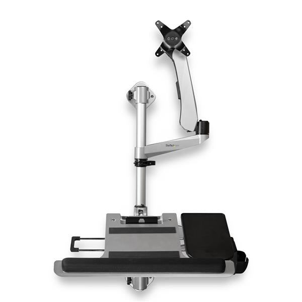 StarTech.com Poste de travail ergonomique réglable en hauteur à montage mural - Pour 1 écran jusqu'à 30" - Support de clavier (WALLSTSI1) - Kit de montage (poteau, porte-souris, repose-poignets, bras à ressort, support de fixation murale, tiroir à clavier