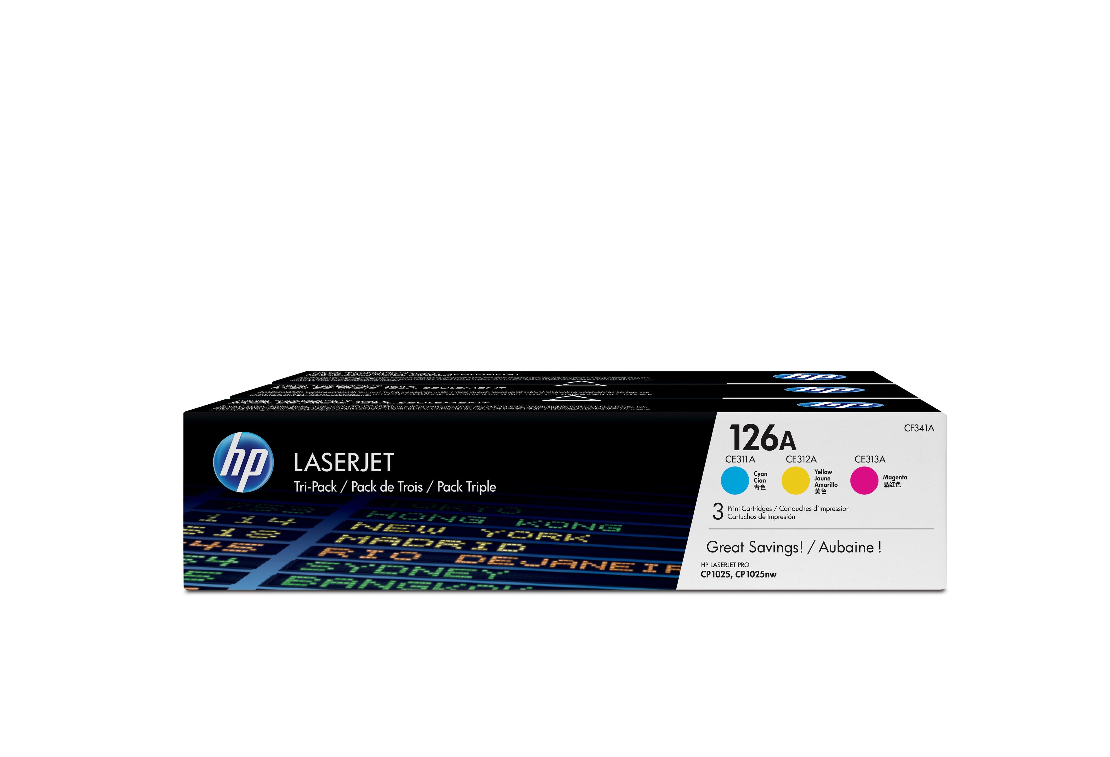 HP 126A - Pack de 3 - jaune, cyan, magenta - original - LaserJet - cartouche de toner (CF341A) - pour Color LaserJet Pro CP1025; LaserJet Pro MFP M175; TopShot LaserJet Pro M275