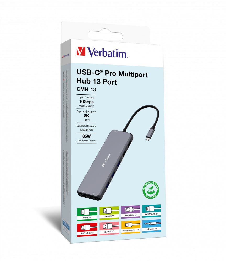 Verbatim CMH 13 - Concentrateur (hub) - 2 x HDMI + 2 x USB-C (alimentation électrique) + 3 x USB-A 3.2 Gen 1 + 1 x DisplayPort - de bureau