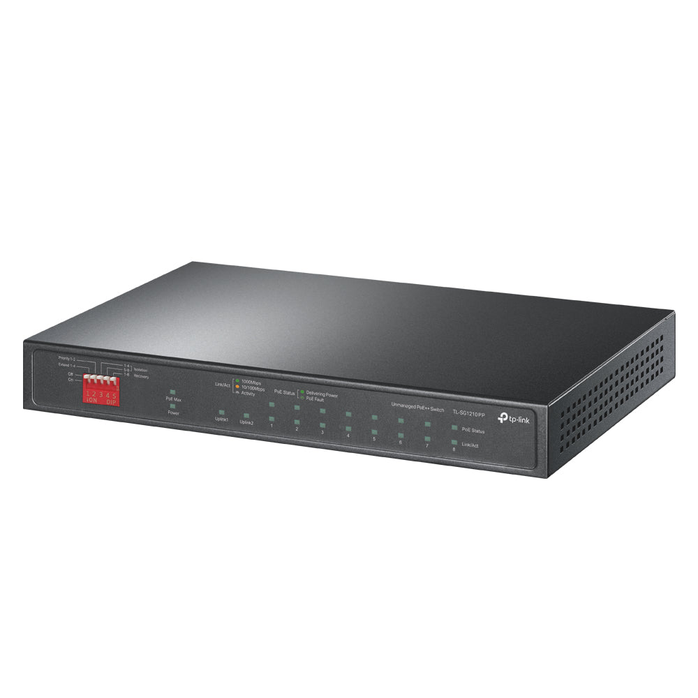 TP-Link TL-SG1210PP V1 - Commutateur - non géré - 2 x 10/100/1000 (PoE++) + 6 x 10/100/1000 (PoE+) + 1 x combo Gigabit SFP/RJ-45 (liaison montante) + 1 x 10/100/1000 (liaison montante) - de bureau - PoE++ (123 W)
