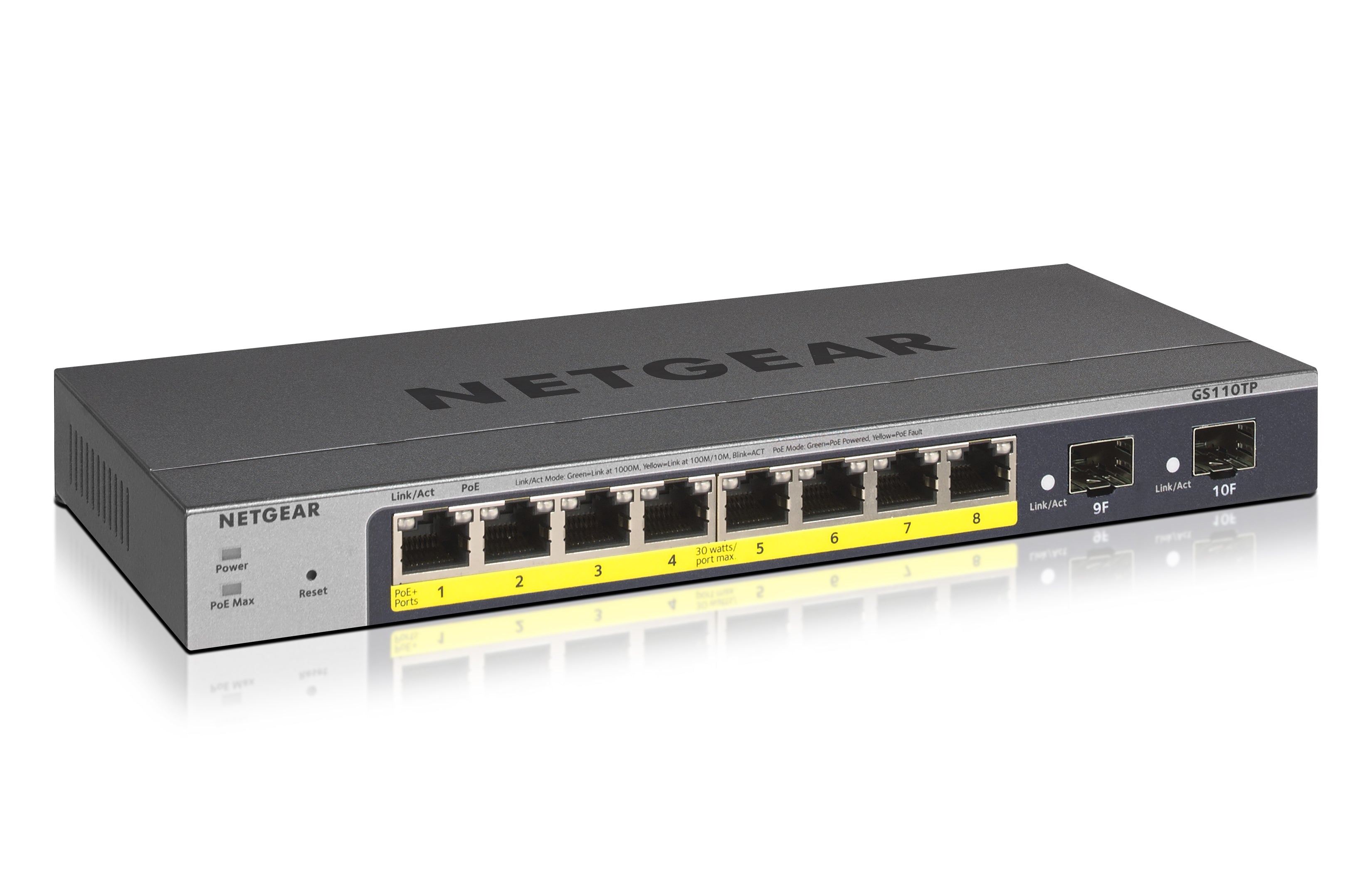 NETGEAR Smart GS110TPv3 - Commutateur - intelligent - 8 x 10/100/1000 (PoE) + 2 x SFP - de bureau, fixation murale - PoE+ (55 W) - Tension CC