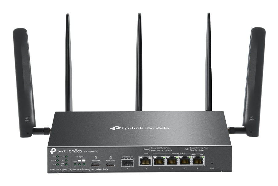 TP-Link Omada ER706WP-4G V1 - Routeur sans fil - WWAN commutateur 4 ports - 1GbE - ports WAN : 6 - Wi-Fi 6 - Bi-bande - 4G, 3G