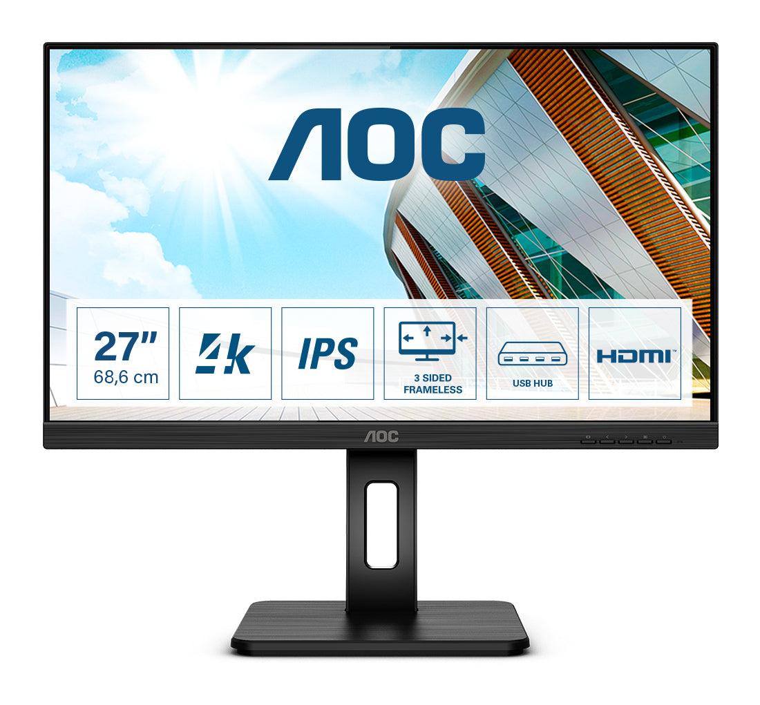AOC U27P2 - Écran LED - 27" - 3840 x 2160 4K UHD (2160p) @ 60 Hz - IPS - 350 cd/m² - 1000:1 - 4 ms - HDMI, DisplayPort - haut-parleurs - noir