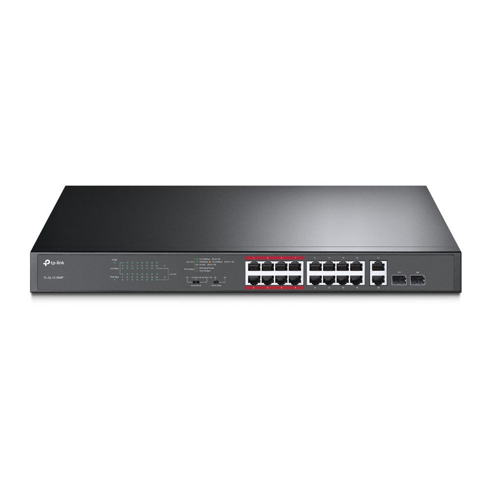 TP-Link TL-SL1218MP - Commutateur - non géré - 16 x 10/100 (PoE+) + 2 x 10/100/1000 + 2 x SFP Gigabit combiné - Montable sur rack (192 W)