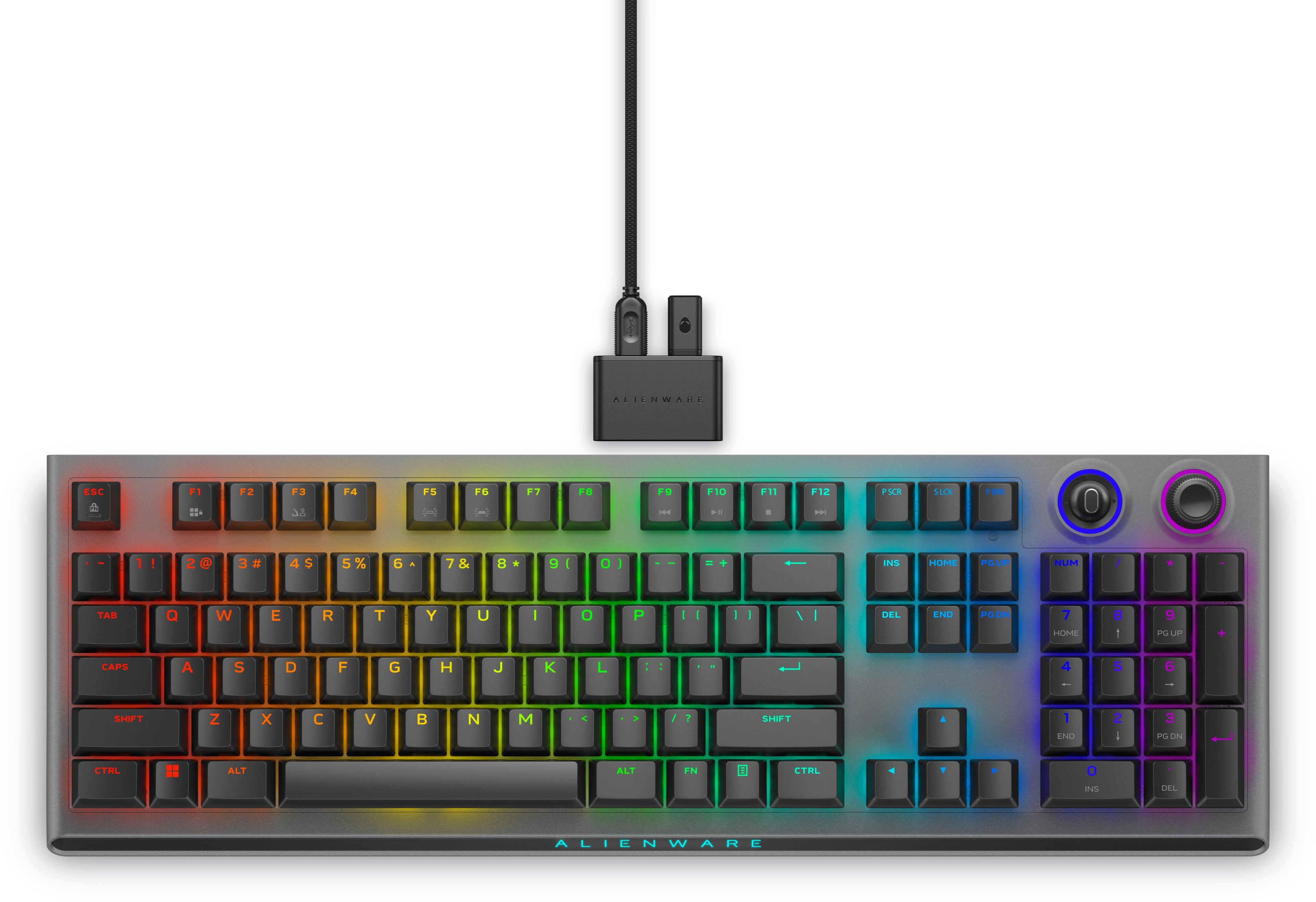 Alienware Tri-Mode AW920K - Clavier - AlienFX RGB par touche / 16,8 millions de couleurs - sans fil - 2.4 GHz, Bluetooth 5.1, USB - QWERTY - US - commutateur : CHERRY MX Red - Dark Side of the Moon (Noir)