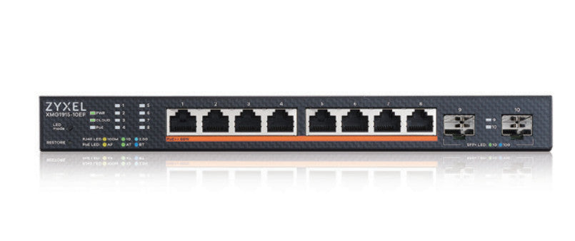 Zyxel XMG1915 Series XMG1915-10EP - Commutateur - géré, cloud NebulaFLEX - L3 Lite - intelligent - 8 x 100/1000/2.5G (PoE++) + 2 x Gigabit SFP / 10 Gigabit SFP+ - fixation murale - PoE++ (130 W)