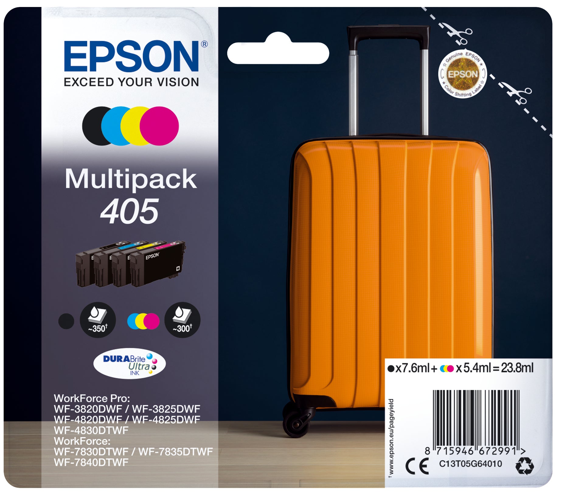 Epson 405 Multipack - Pack de 4 - noir, jaune, cyan, magenta - original - emballage coque avec alarme radioélectrique/ acoustique - cartouche d'encre - pour WorkForce WF-7310, 7830, 7835, 7840, WorkForce Pro WF-3820, 3825, 4820, 4825, 4830