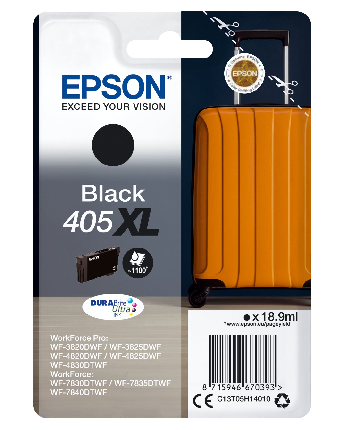 Epson 405XL - 18.9 ml - XL - noir - original - emballage coque avec alarme radioélectrique/ acoustique - cartouche d'encre - pour WorkForce WF-7310, 7830, 7835, 7840, WorkForce Pro WF-3820, 3825, 4820, 4825, 4830