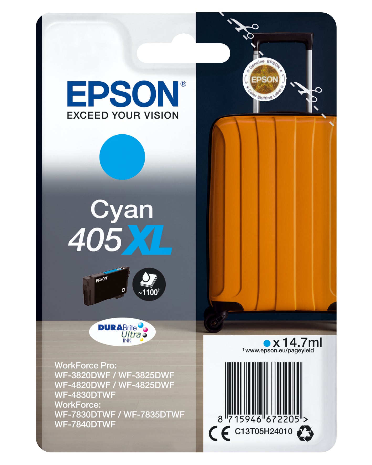 Epson 405XL - 14.7 ml - XL - cyan - original - emballage coque avec alarme radioélectrique/ acoustique - cartouche d'encre - pour WorkForce WF-7310, 7830, 7835, 7840, WorkForce Pro WF-3820, 3825, 4820, 4825, 4830