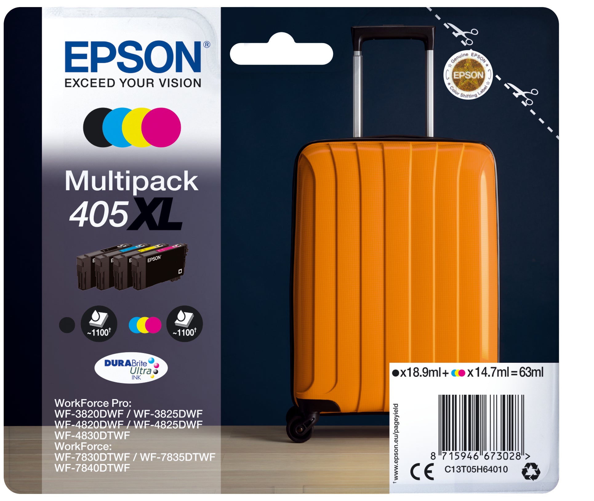 Epson 405XL Multipack - Pack de 4 - XL - noir, jaune, cyan, magenta - original - emballage coque avec alarme radioélectrique/ acoustique - cartouche d'encre - pour WorkForce WF-7310, 7830, 7835, 7840, WorkForce Pro WF-3820, 3825, 4820, 4825, 4830
