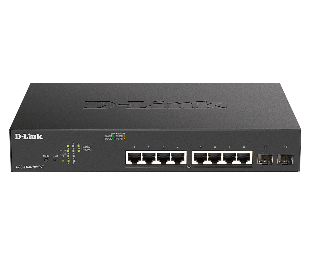 D-Link DGS 1100-10MPV2 - Commutateur - intelligent - 8 x 10/100/1000 (PoE) + 2 x Gigabit SFP - de bureau, Montable sur rack - PoE (130 W)