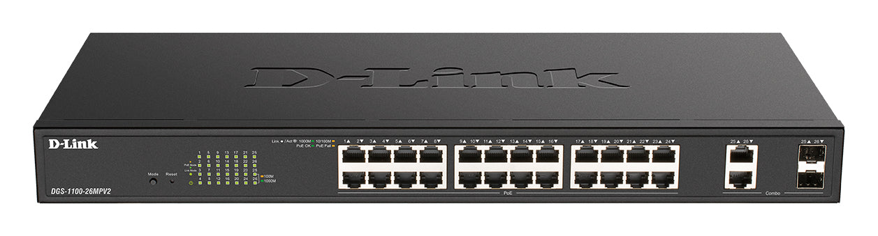 D-Link DGS 1100-26MPV2 - Commutateur - intelligent - 24 x 10/100/1000 (PoE+) + 2 x SFP Gigabit combiné - Montable sur rack - PoE+ (370 W)