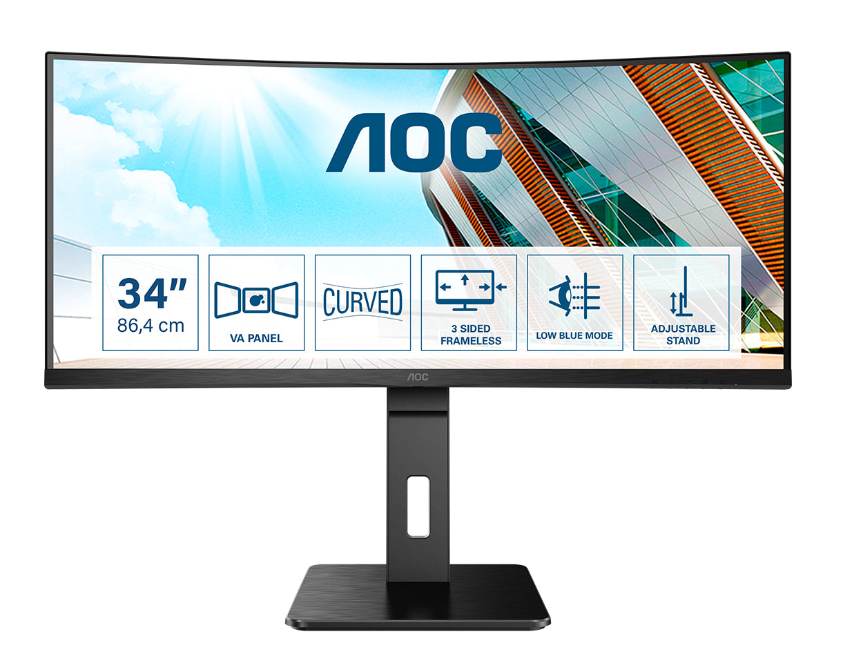 AOC CU34P2A - Écran LED - incurvé - 34" - 3440 x 1440 UWQHD @ 100 Hz - VA - 300 cd/m² - 3000:1 - 1 ms - 2xHDMI, DisplayPort - haut-parleurs - noir
