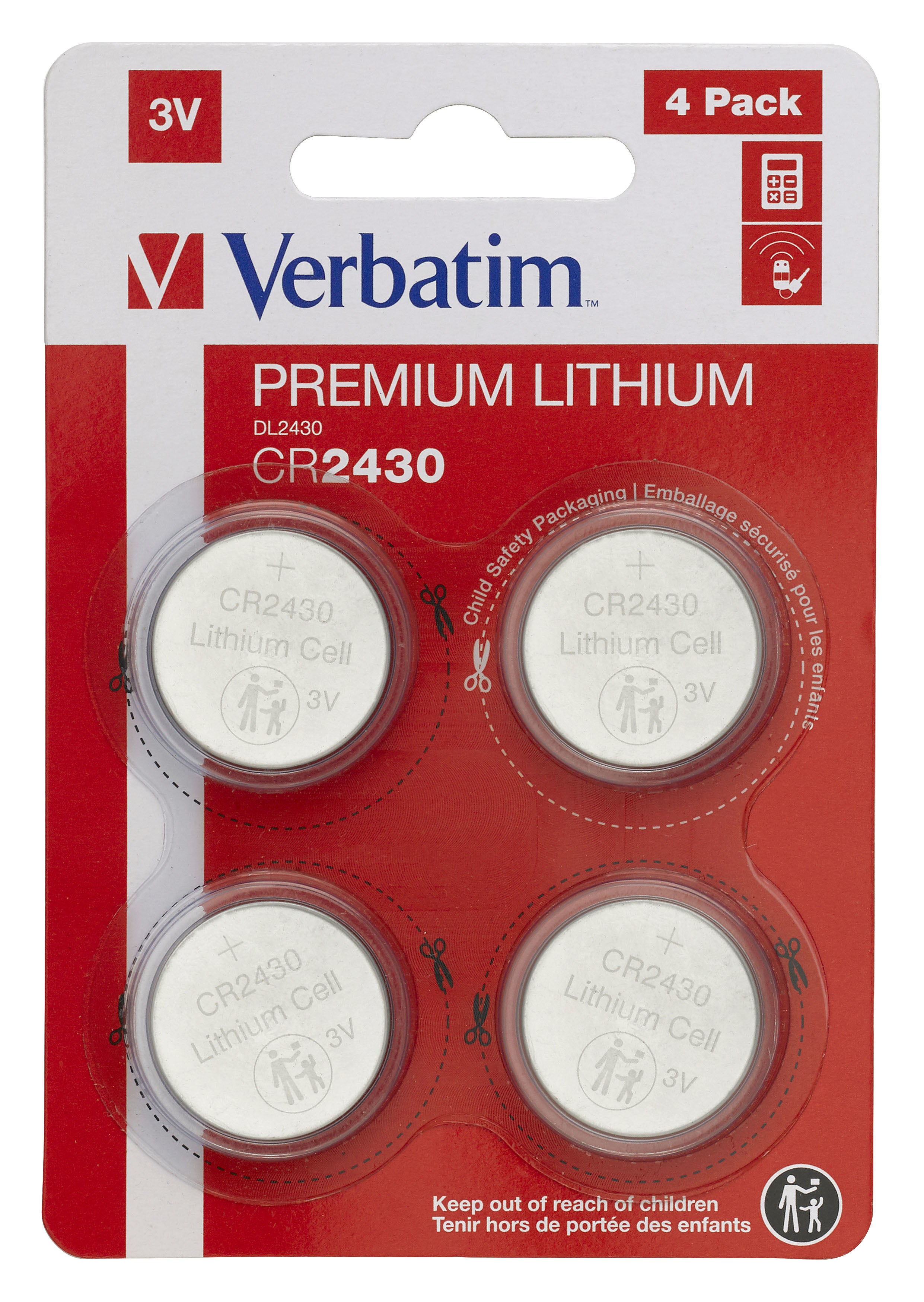 Lot de 4 Piles plates Verbatim Premium CR2430 3V