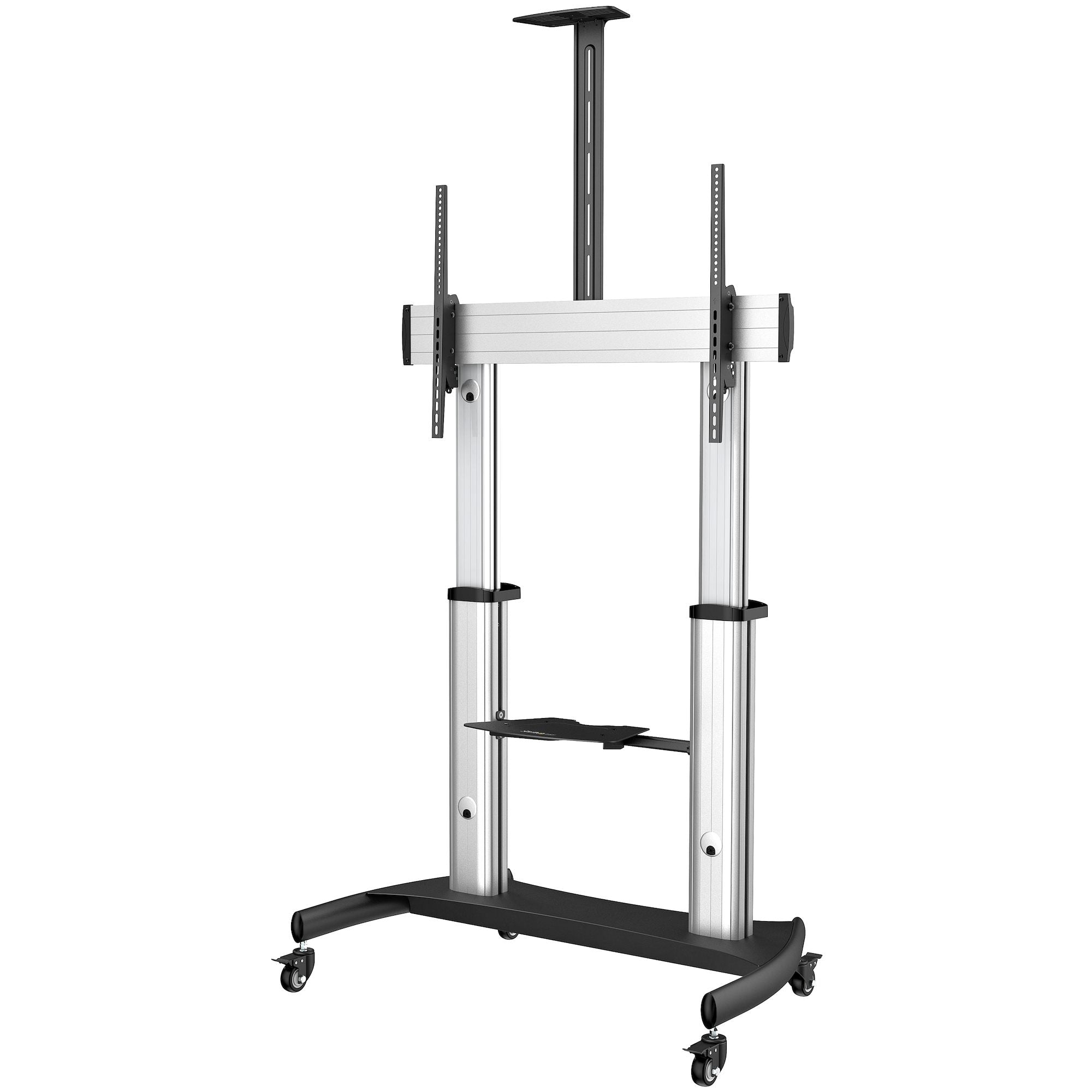 StarTech.com Pied TV Mobile - Chariot Support Télé Robuste Écrans 60-100" 100kg - Support TV Écran Plat sur Pied Roulettes - Hauteur Réglable - Support Télévision Universel + Étagères (STNDMTV100) - Chariot - pour écran plat - aluminium, acier - noir, arg