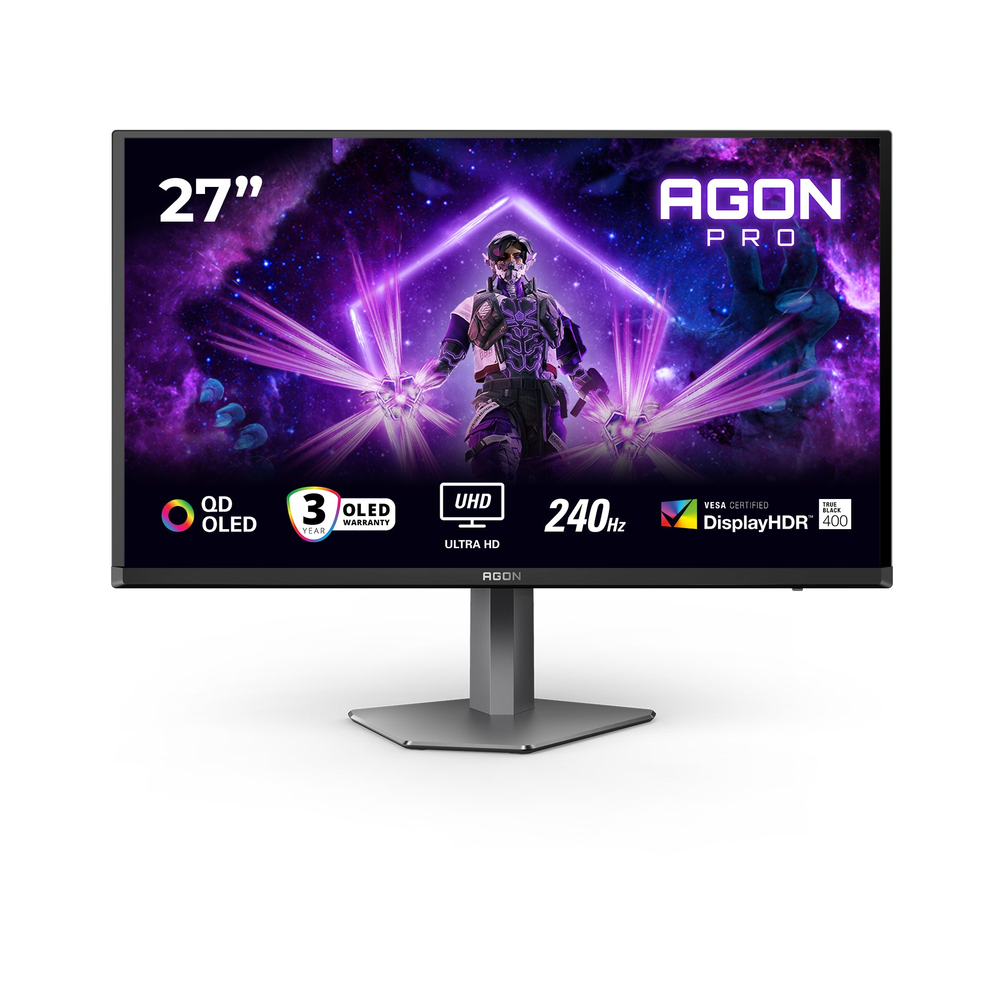 AOC AGON PRO AG276UZD - Moniteur OLED - jeux - 27" (26.5" visualisable) - 3840 x 2160 4K UHD (2160p) @ 160 Hz - 1000 cd/m² - 1500000:1 - DisplayHDR 400 True Black - 0.03 ms - 2xHDMI, DisplayPort, USB-C - haut-parleurs - noir